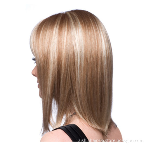 Aishili Wholesale  mix goldem with blonde natural synthetic wigs with natural bangs synthetic hair wigs for women